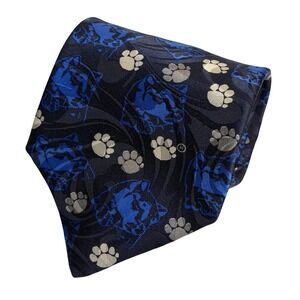VTG London 400 Silk Tie Navy Blue Silver Paw Print‎ Lion Head NCAA Collegiate